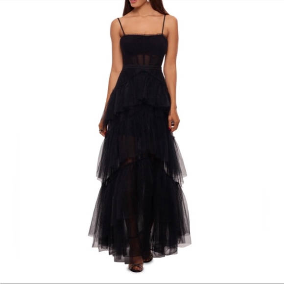 Betsy & Adam Illusion Tiered Ruffle Tulle Square Neck Corset Mesh Gown size 10 - Picture 3 of 11